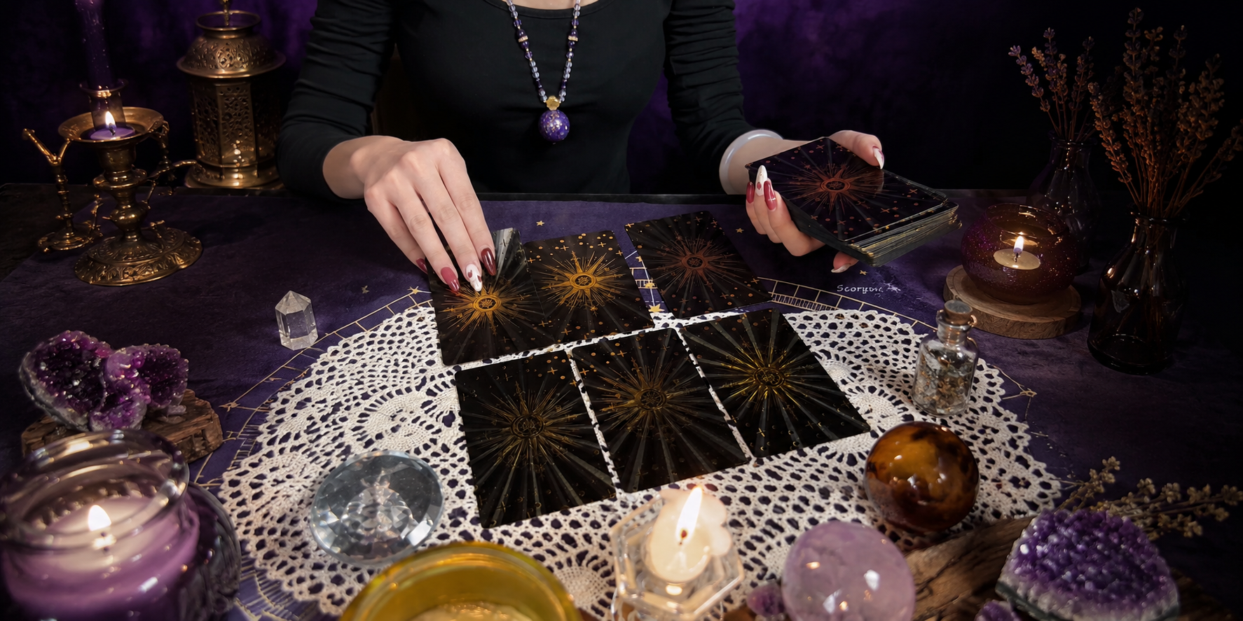 A Tarot reading arranged on a violet table