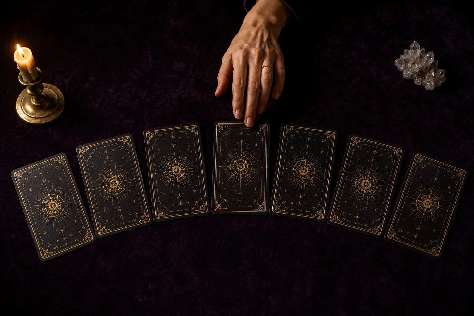 A hand choosing among seven face-down Tarot cards