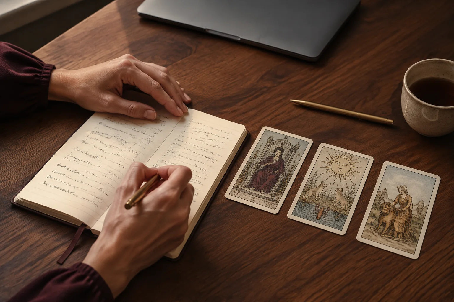 A reader writing notes beside a three-card tarot spread