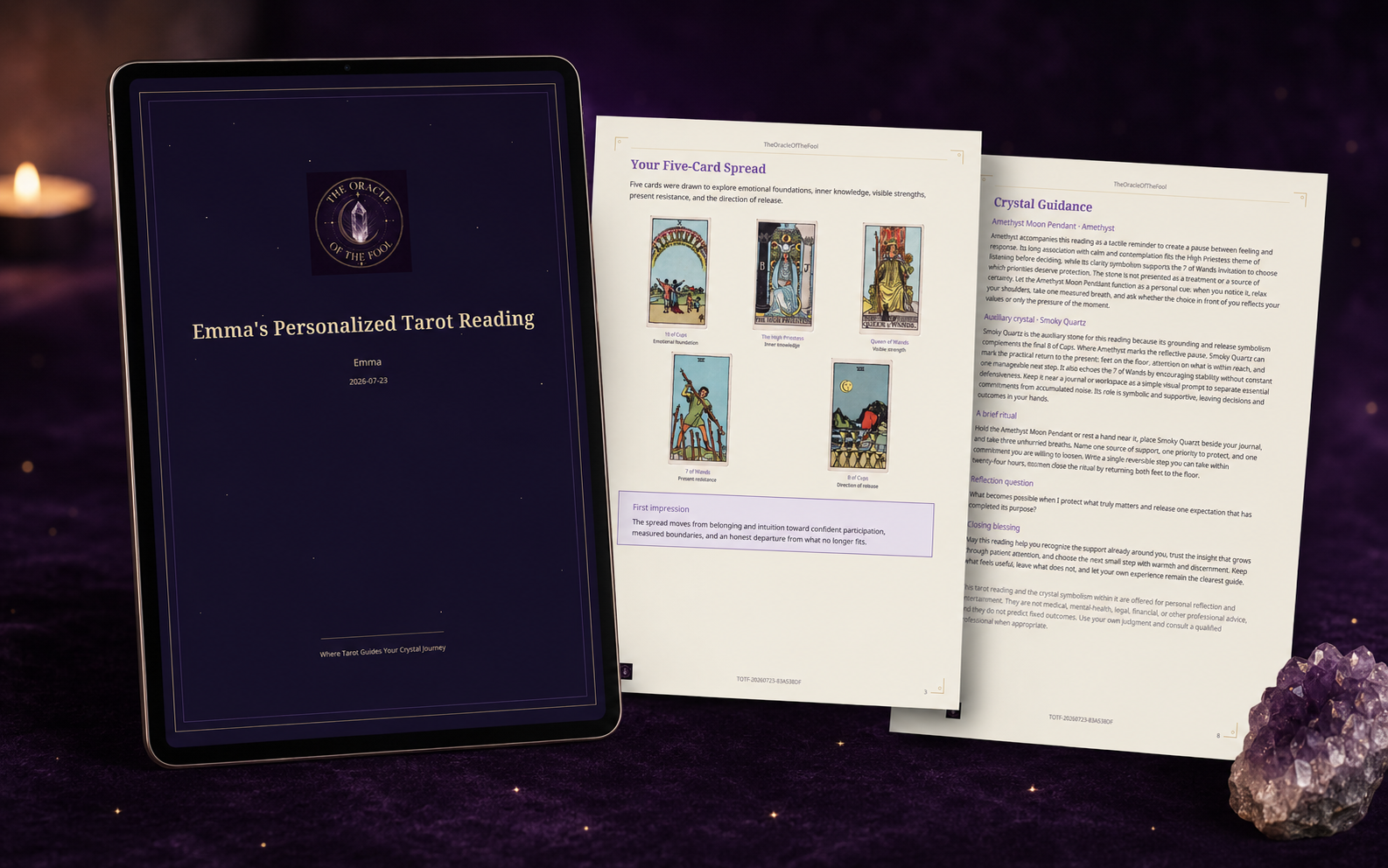 A personalized Tarot reading displayed as a digital report on a tablet and printed pages